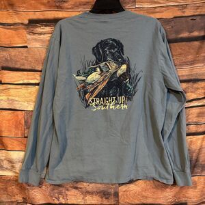 Port & Company Men's T-Shirt Blue Large Long Sleeve Cotton Straight Up Southern